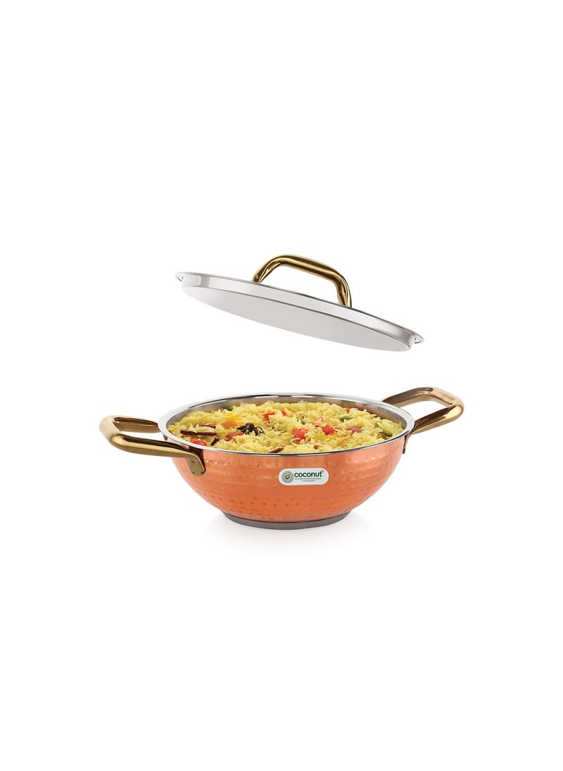 coconut Serene Stainless Steel Copper Polish Hammered Design Capsulated Kadai for Cook n Serve - 1 Unit - Capacity - 2000ML