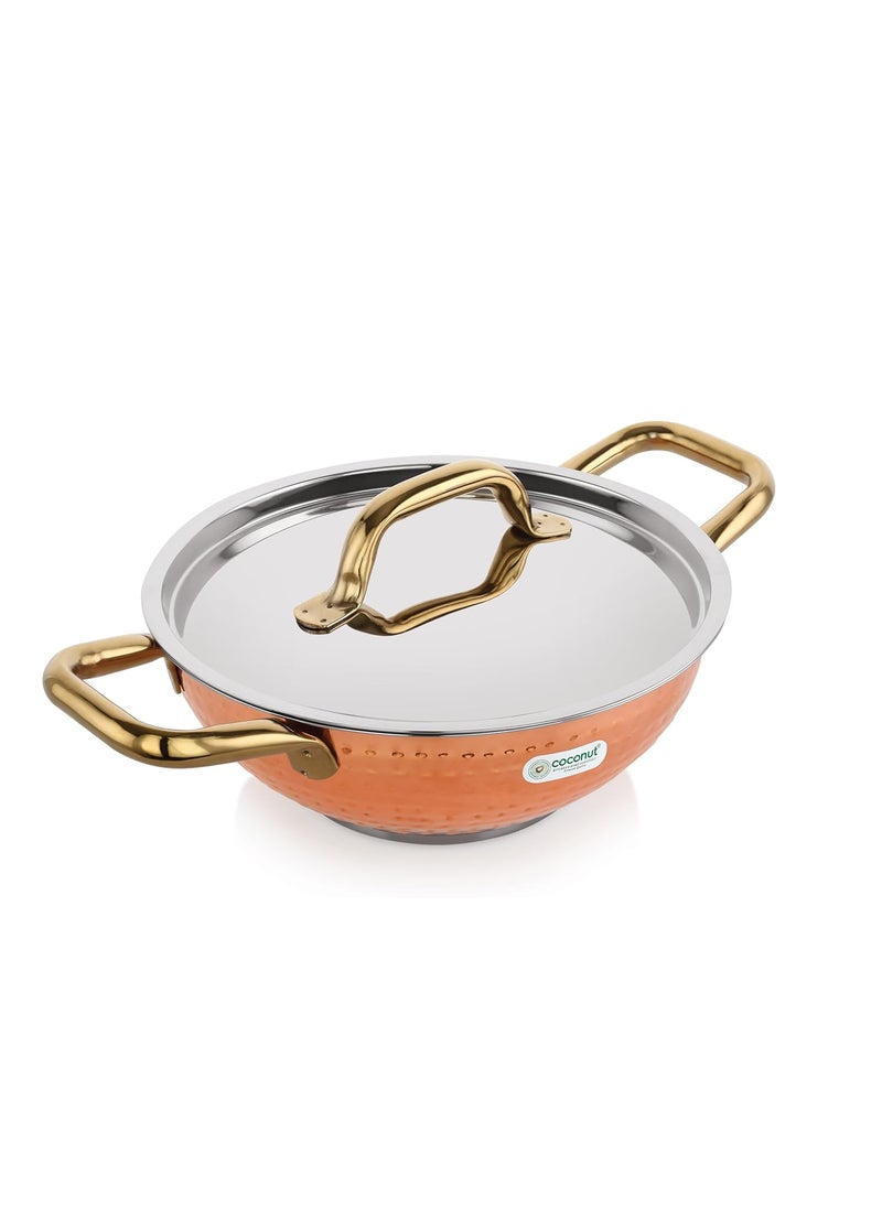 coconut Serene Stainless Steel Copper Polish Hammered Design Capsulated Kadai for Cook n Serve - 1 Unit - Capacity - 2000ML