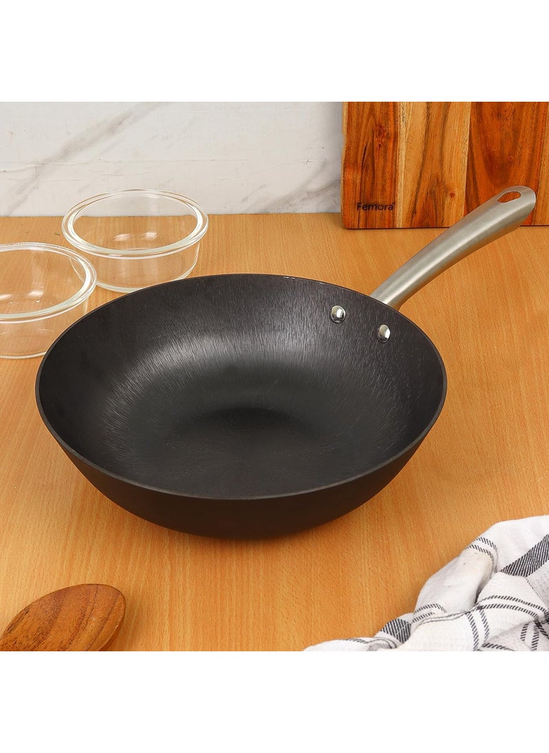 Femora Nonstick Cast Iron 2 Pc Cookware Set, 28 cm Wok, 24 cm Frypan, Non Toxic and Coating Free, Even and Fast Heating, Support Induction & Gas-2Pcs