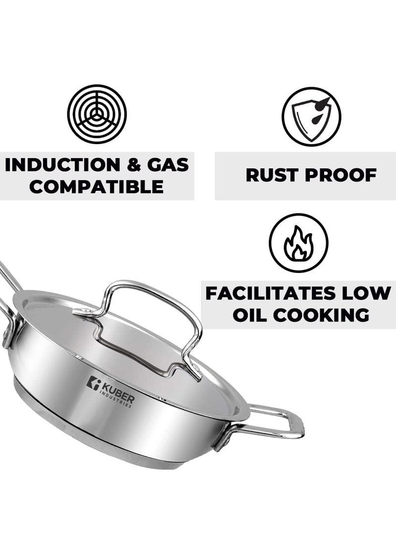 Kuber Industries XtraDeluxe 2.2 Liters Triply Stainless Steel Kadai for Cooking with Lid | Induction Compatible Deep Frying Kadhai/Cookware for Kitchen | Attached Cool Touch Handles | SS - Silver