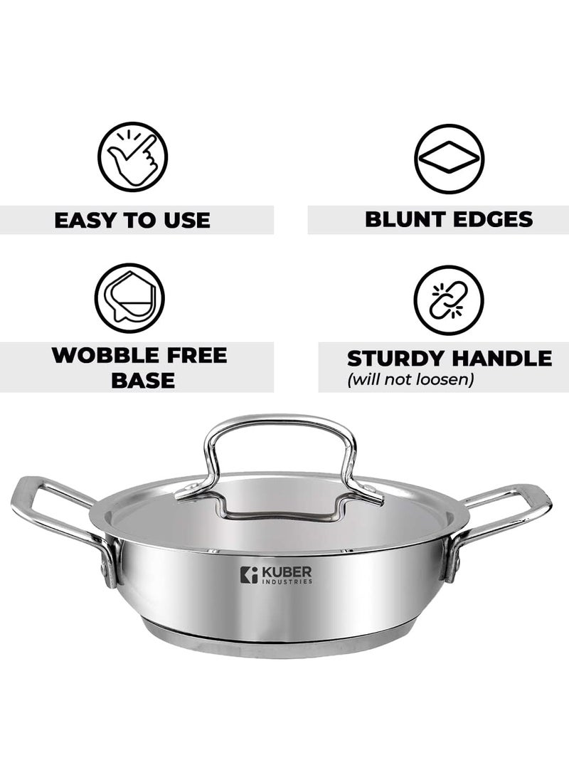 Kuber Industries XtraDeluxe 2.2 Liters Triply Stainless Steel Kadai for Cooking with Lid | Induction Compatible Deep Frying Kadhai/Cookware for Kitchen | Attached Cool Touch Handles | SS - Silver