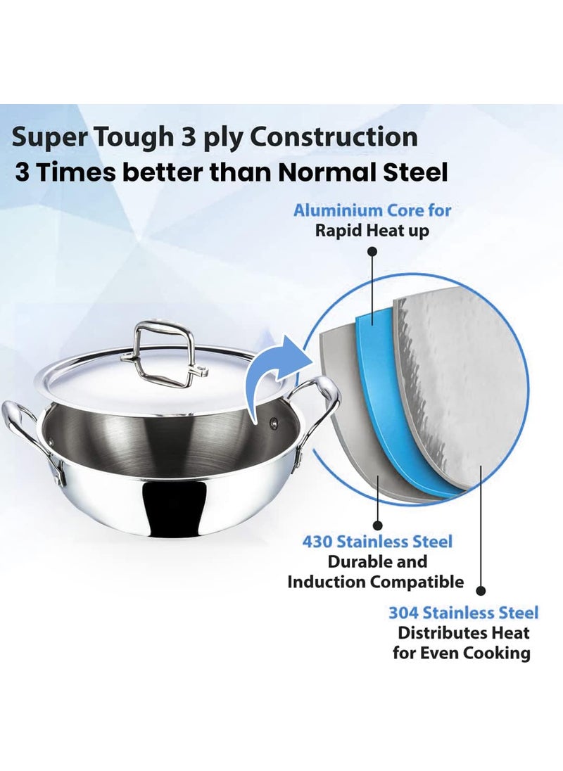 Kuber Industries XtraDeluxe 2.2 Liters Triply Stainless Steel Kadai for Cooking with Lid | Induction Compatible Deep Frying Kadhai/Cookware for Kitchen | Attached Cool Touch Handles | SS - Silver