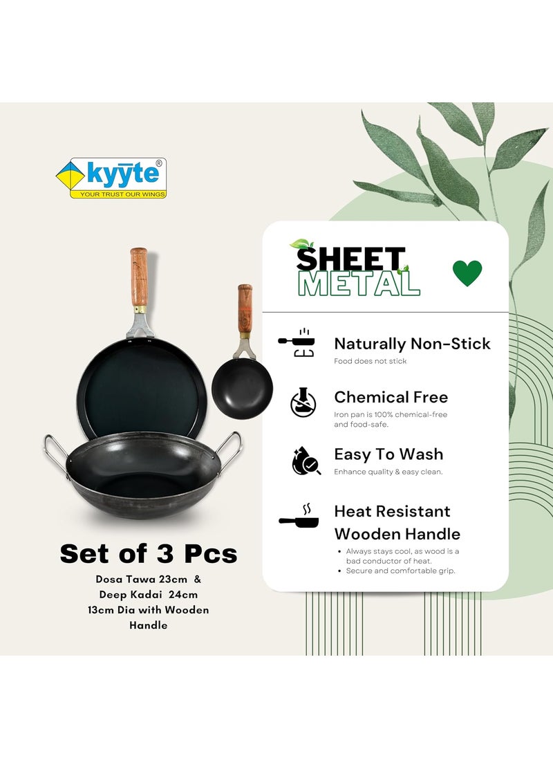 kyyte Sheet Metal Iron Set of 3 Pcs- 1 Deep Kadai 24 cm, 1 Frying Pan/Skillet 24 cm Dia with Wooden Long Handle and 1 Tadka Pan 13 cm