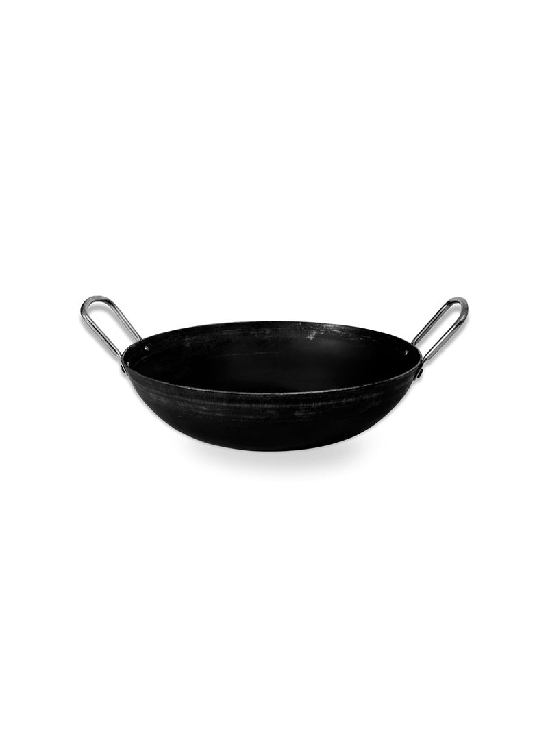 kyyte Sheet Metal Iron Set of 3 Pcs- 1 Deep Kadai 24 cm, 1 Frying Pan/Skillet 24 cm Dia with Wooden Long Handle and 1 Tadka Pan 13 cm