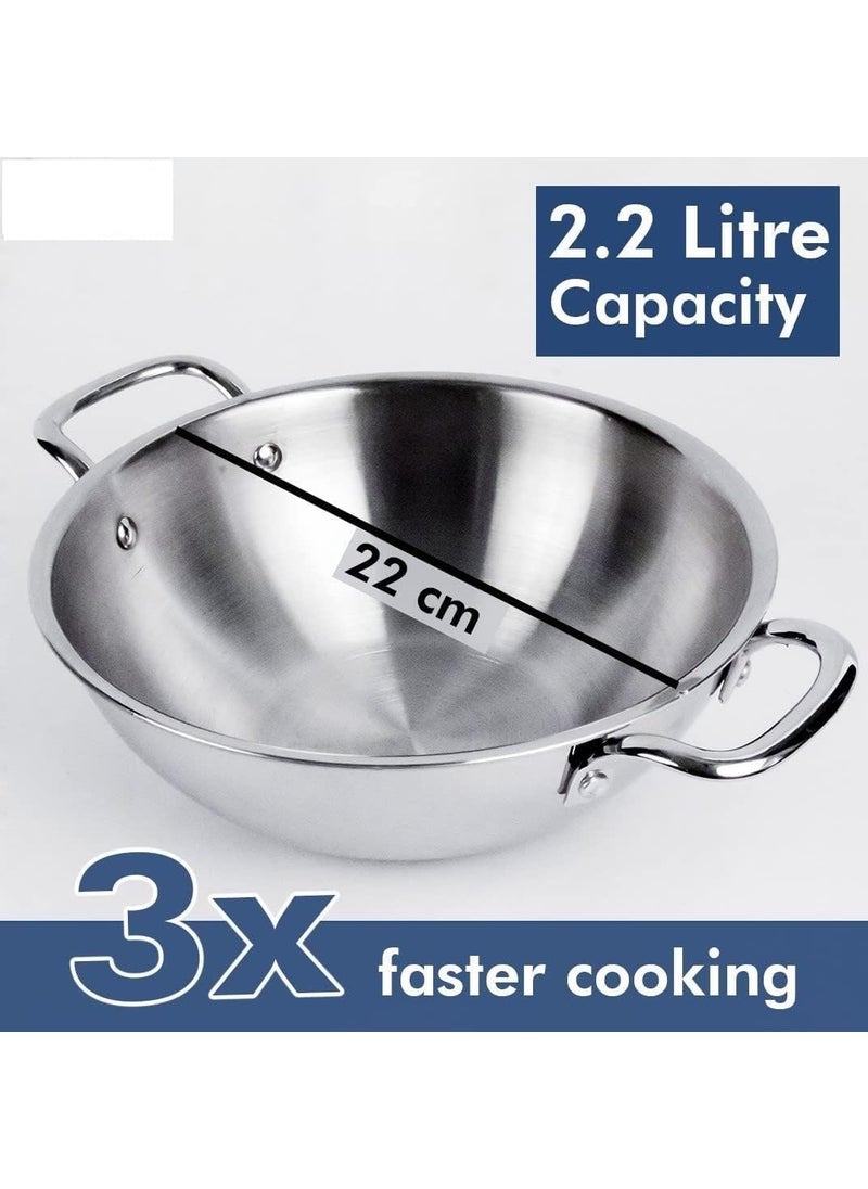 Kuber Industries XtraDeluxe Deep Frying 2.2 Liters Triply Stainless Steel Kadai for Cooking with Lid | Induction Compatible Kadhai/Cookware for Kitchen | Has Cool Touch Riveted Handles | SS - Silver