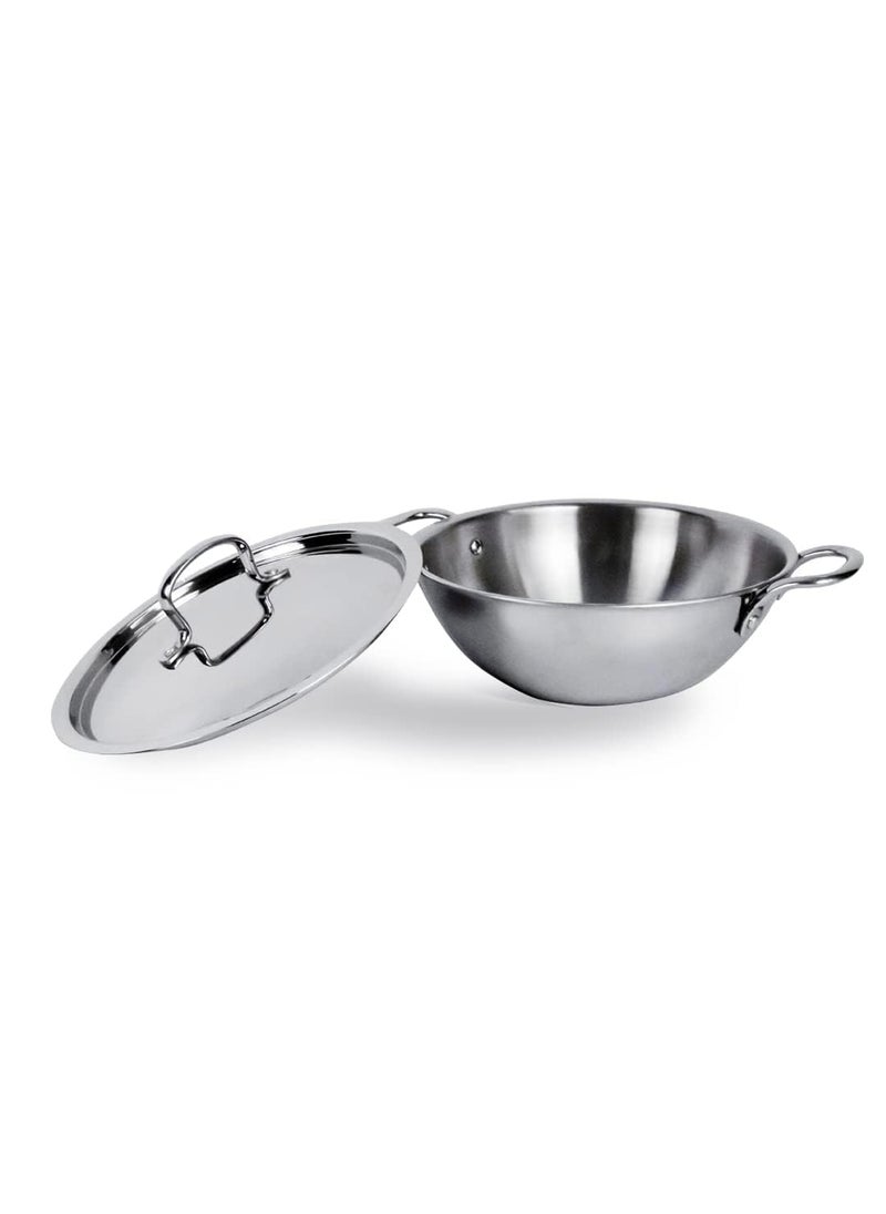 Kuber Industries XtraDeluxe Deep Frying 2.2 Liters Triply Stainless Steel Kadai for Cooking with Lid | Induction Compatible Kadhai/Cookware for Kitchen | Has Cool Touch Riveted Handles | SS - Silver