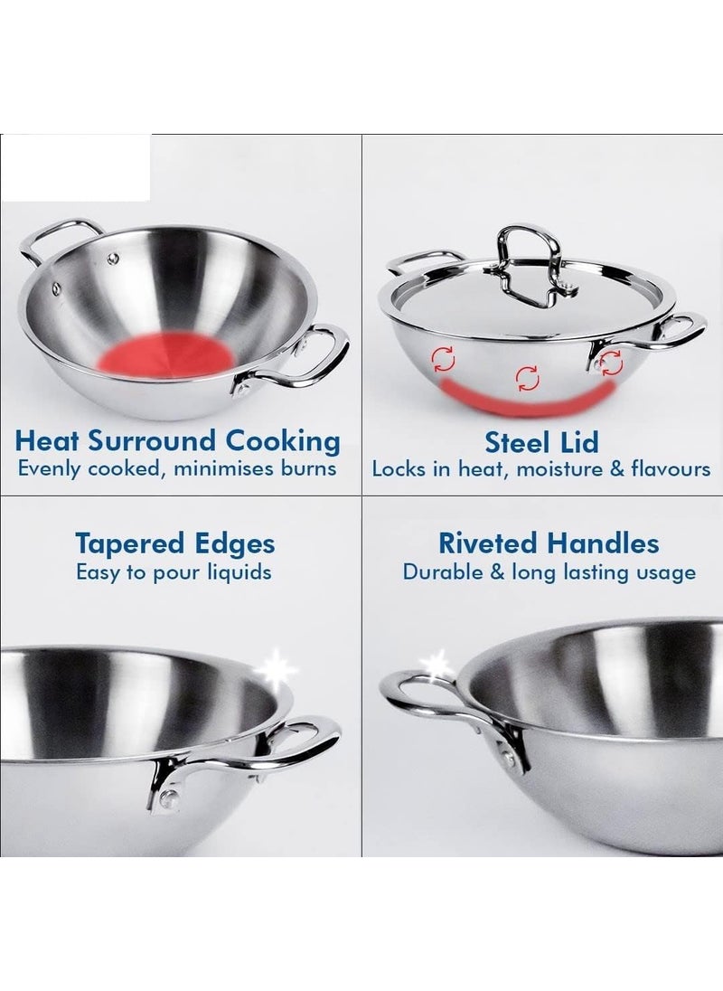 Kuber Industries XtraDeluxe Deep Frying 2.2 Liters Triply Stainless Steel Kadai for Cooking with Lid | Induction Compatible Kadhai/Cookware for Kitchen | Has Cool Touch Riveted Handles | SS - Silver