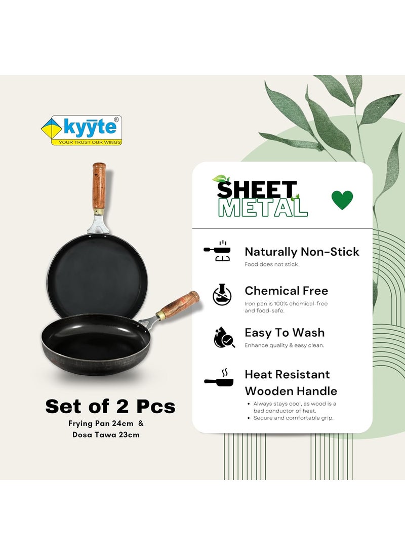 Kyyte Sheet Metal Iron Set of 2 Pcs- 1 Flat Tawa 23 cm with Wooden Long Handle and 1 Frying Pan/Skillet- 24 cm Dia with Wooden Long Handle