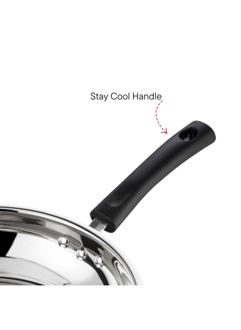 Vinod Stainless Steel Frypan - 20 cm | Skillet Pan for Frying | SAS Bottom | Cool Touch Bakelite Handle | Induction and Gas Base| 2 Year Warranty - Silver