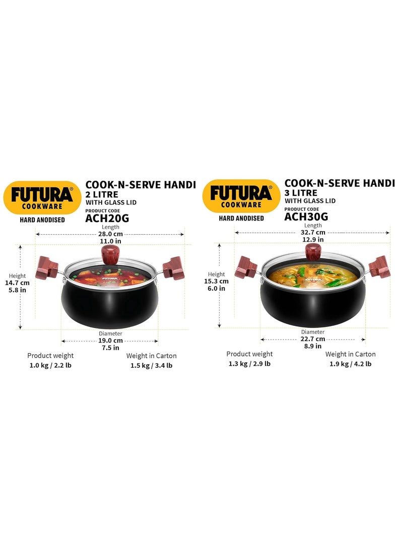 Hawkins Aluminium Futura Hard Anodised Uncoated Cook-N-Serve Bowl, Set Of 2, Combo (2 Litre + 3 Litre Handi), Black