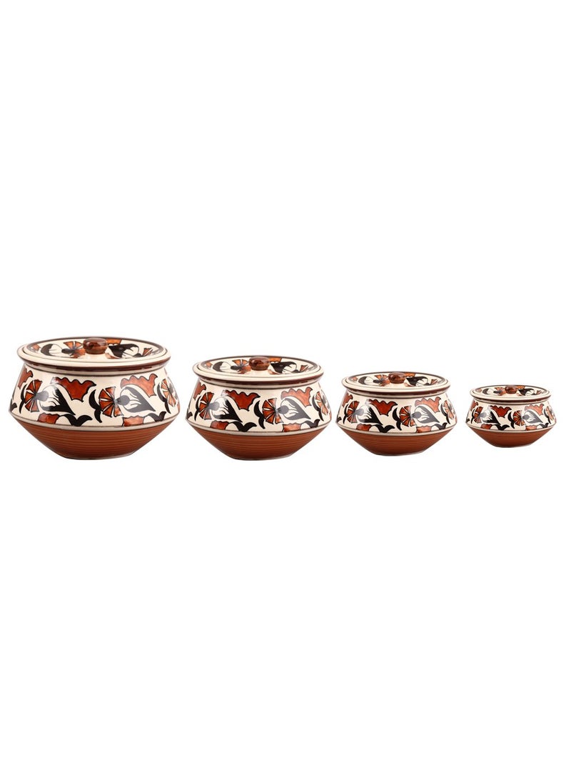 Caffeine Ceramic Handmade Multicolor Flower Print Serving Handi with Lid (Set of 4)