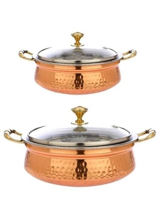 Heritage Mart Copper Stainless Steel Hammered Finish Handi/Lagan/Pot with Toughened Glass Lid and Brass Knob with Handles, Ideal for Serving Food at Home/Restaurant/Hotels 300 ML(Pack of 2)