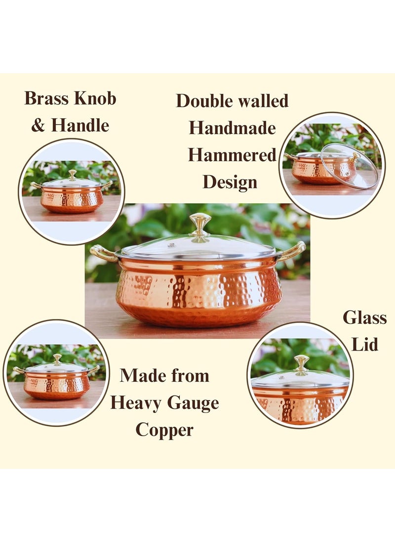 Heritage Mart Copper Stainless Steel Hammered Finish Handi/Lagan/Pot with Toughened Glass Lid and Brass Knob with Handles, Ideal for Serving Food at Home/Restaurant/Hotels 300 ML(Pack of 2)