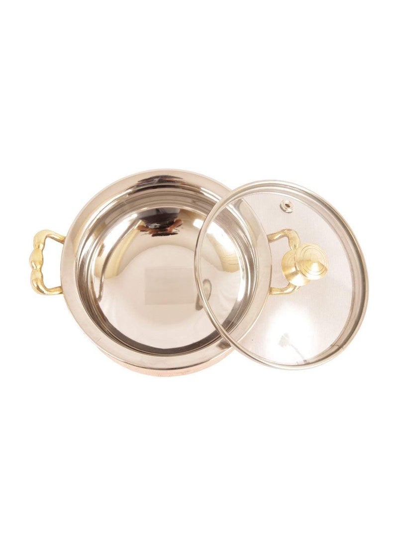 Heritage Mart Copper Stainless Steel Hammered Finish Handi/Lagan/Pot with Toughened Glass Lid and Brass Knob with Handles, Ideal for Serving Food at Home/Restaurant/Hotels 300 ML(Pack of 2)