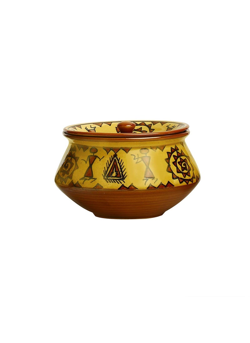 Caffeine Ceramic Handmade Mustard Romani Serving Handi with Lid (Set of 1)