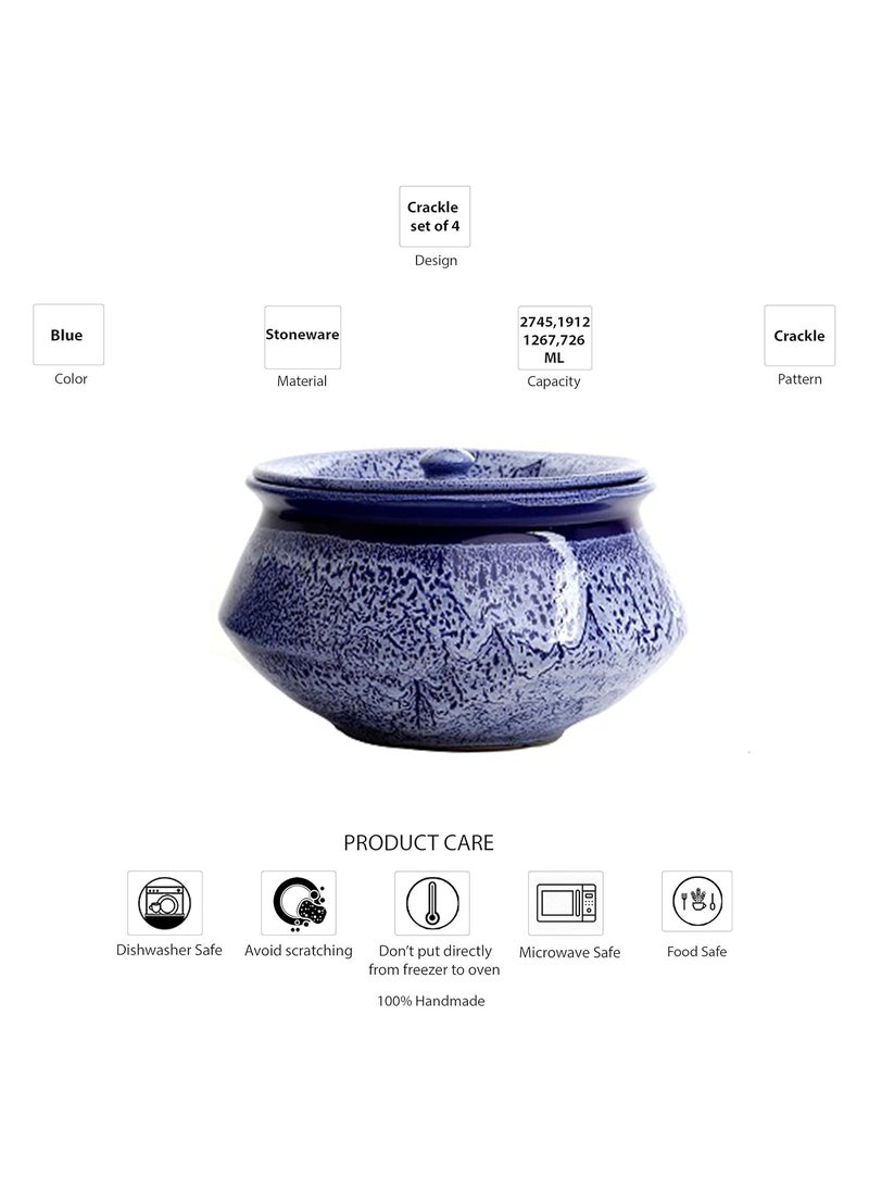 Caffeine Ceramic Handmade Blue & Brown Studio Serving Handi with Lid (Set of 4)