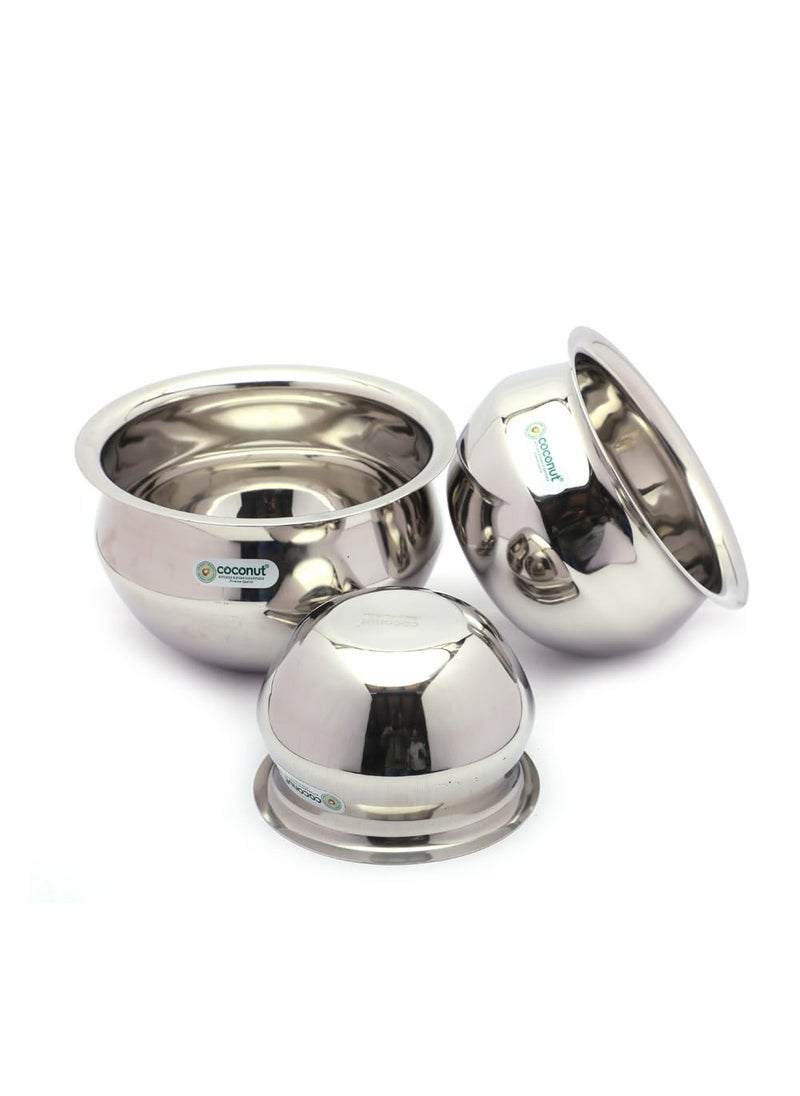Coconut Stainless Steel Jazz Handi for Cook n Serve - Set of 3-2000ML, 1500ML, 800ML