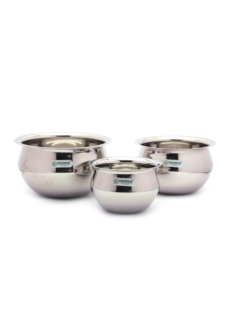 Coconut Stainless Steel Jazz Handi for Cook n Serve - Set of 3-2000ML, 1500ML, 800ML