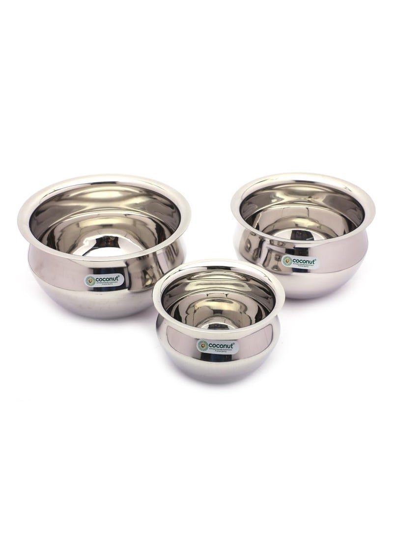Coconut Stainless Steel Jazz Handi for Cook n Serve - Set of 3-2000ML, 1500ML, 800ML