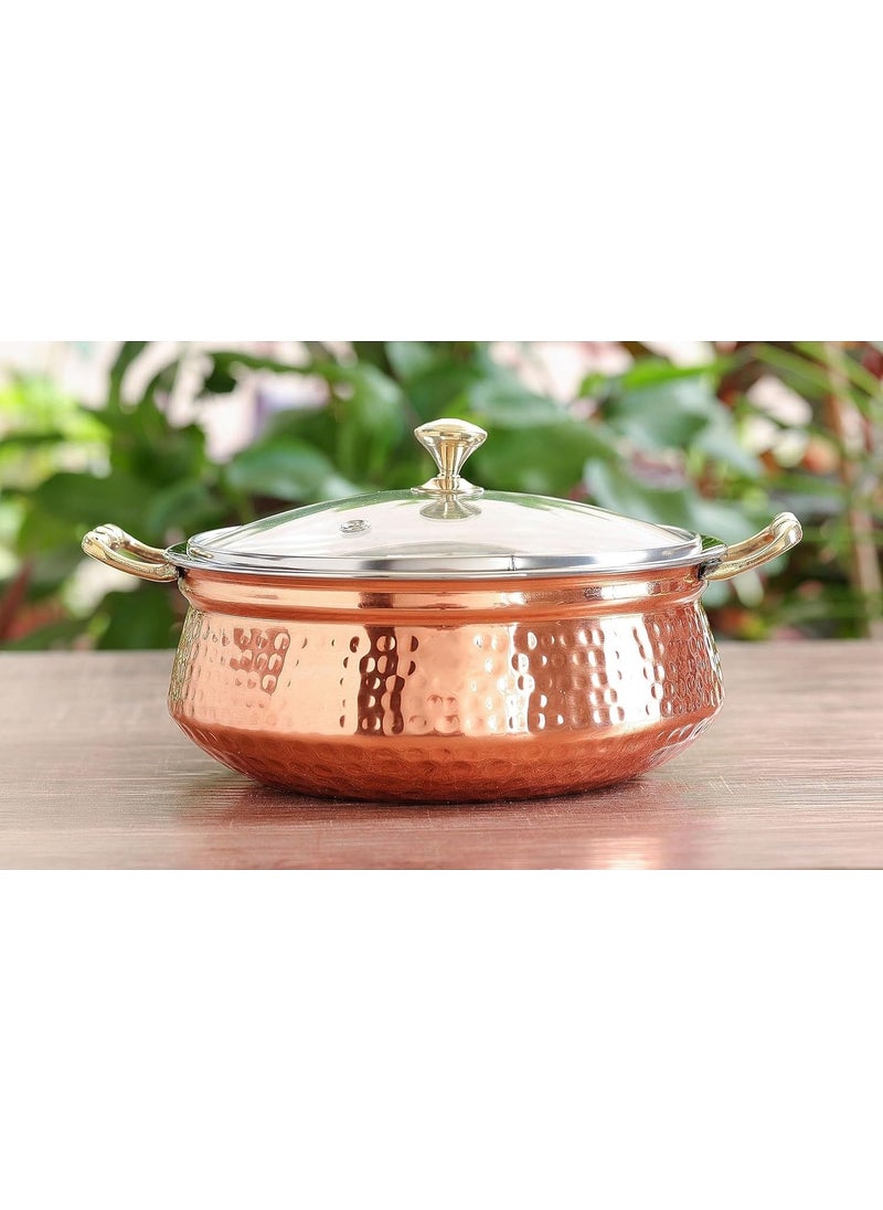 Heritage MART Copper Stainless Steel Hammered Finish Handi/Lagan/Pot with Toughened Glass Lid and Brass Knob with Handles, Ideal for Serving Food at Home/Restaurant/Hotels 800 ML(Pack of 1)