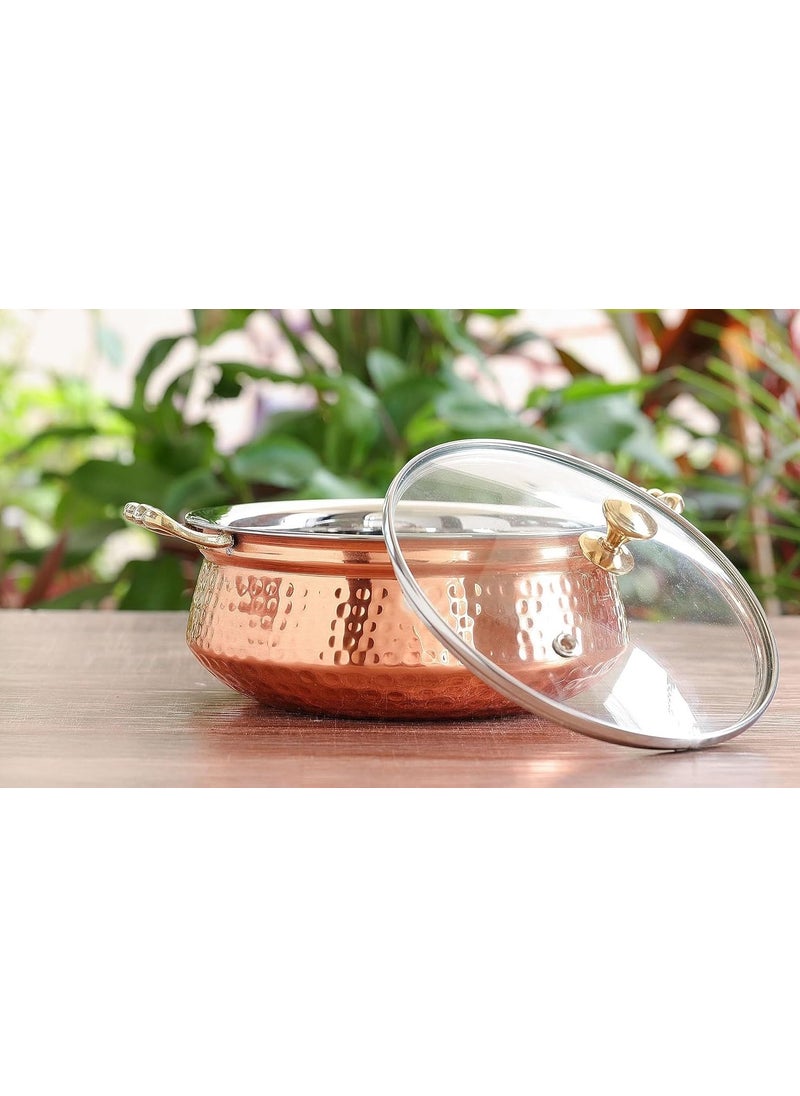 Heritage MART Copper Stainless Steel Hammered Finish Handi/Lagan/Pot with Toughened Glass Lid and Brass Knob with Handles, Ideal for Serving Food at Home/Restaurant/Hotels 800 ML(Pack of 1)