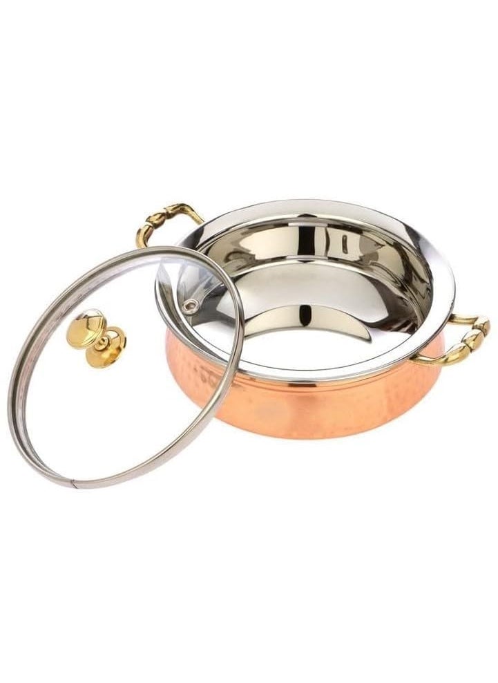 Heritage MART Copper Stainless Steel Hammered Finish Handi/Lagan/Pot with Toughened Glass Lid and Brass Knob with Handles, Ideal for Serving Food at Home/Restaurant/Hotels 800 ML(Pack of 1)