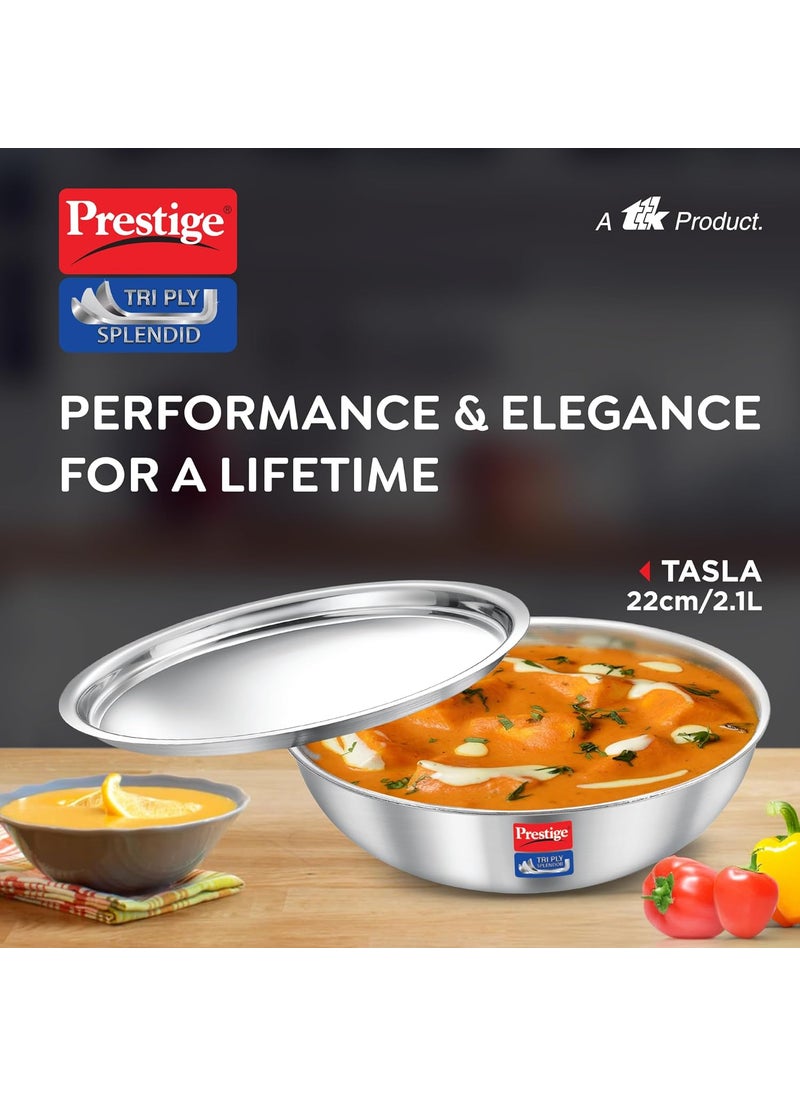 Prestige 22cm/2.1L Tri-Ply Stainless Steel Splendid Tasla with Lid|Gas and Induction Compatible|Even Heat Distribution| Thick Gauge Tri-Ply Body|15 Year Warranty