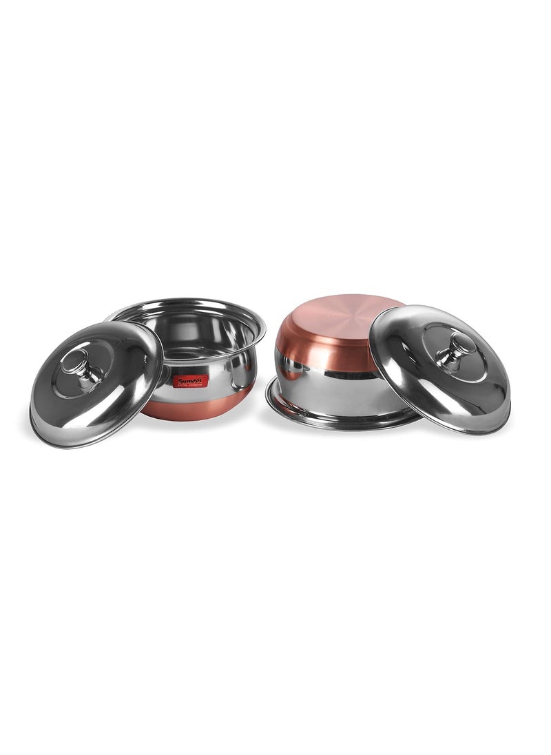 Sumeet Stainless Steel Copper Bottom Multipurpose Cook & Serve Handi With Lid - 2 Pcs Set (1.1 Liter, 1.3 Liter)