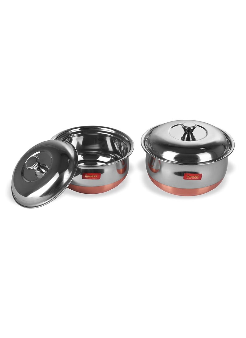 Sumeet Stainless Steel Copper Bottom Multipurpose Cook & Serve Handi With Lid - 2 Pcs Set (1.1 Liter, 1.3 Liter)
