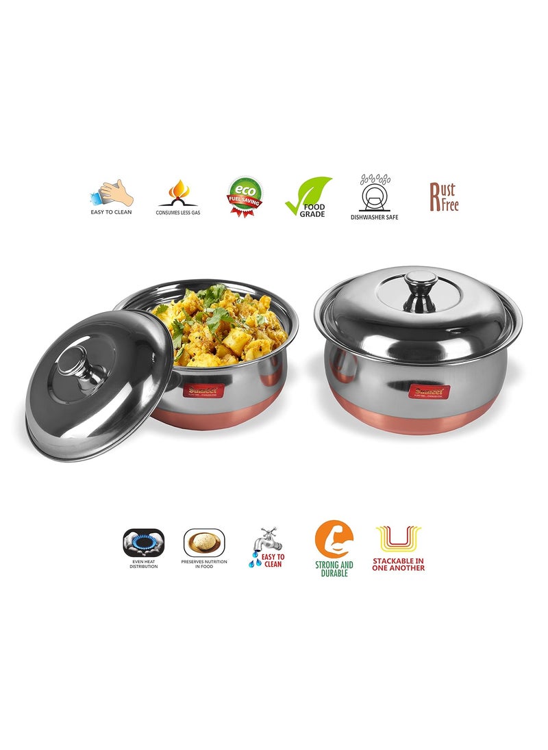 Sumeet Stainless Steel Copper Bottom Multipurpose Cook & Serve Handi With Lid - 2 Pcs Set (1.1 Liter, 1.3 Liter)
