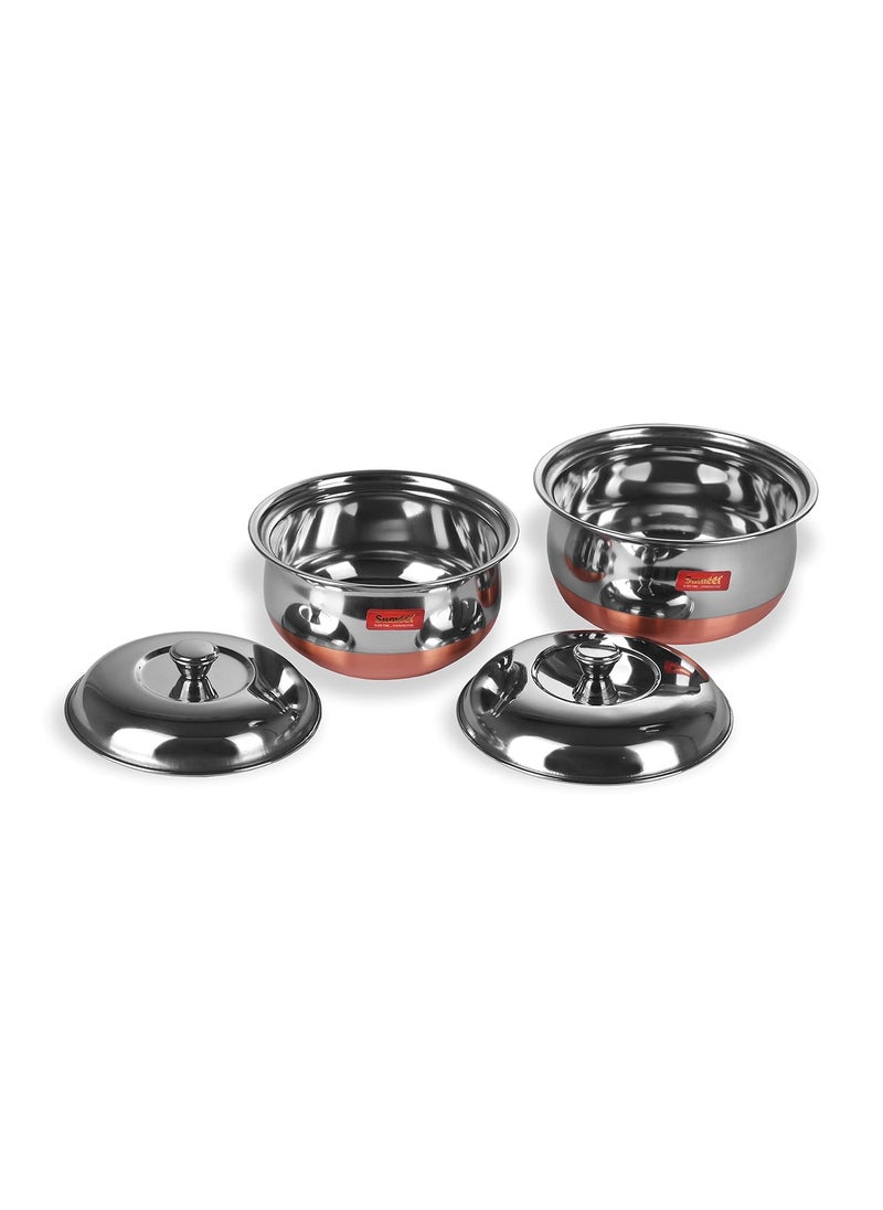 Sumeet Stainless Steel Copper Bottom Multipurpose Cook & Serve Handi With Lid - 2 Pcs Set (1.1 Liter, 1.3 Liter)