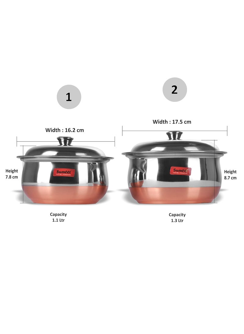 Sumeet Stainless Steel Copper Bottom Multipurpose Cook & Serve Handi With Lid - 2 Pcs Set (1.1 Liter, 1.3 Liter)