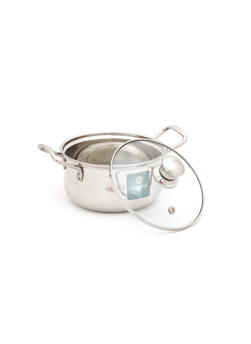 Coconut Stainless Steel Cook & Serve/Mysore Royal Handi Glass Lid with Handle - Small- Diamater - 15, Capacity - 1000 ML