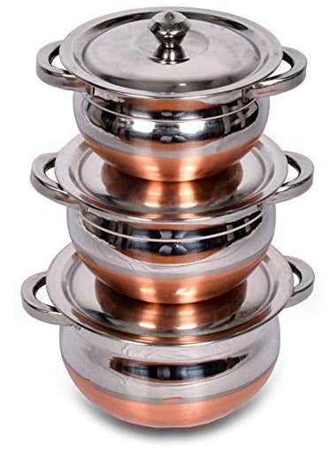 Super HK Stainless Steel Copper Bottom with Handle Handi/Pot Biryani Punjabi Handi 3 Pieces Set (0.75 L+1.5 L+2.5 L)