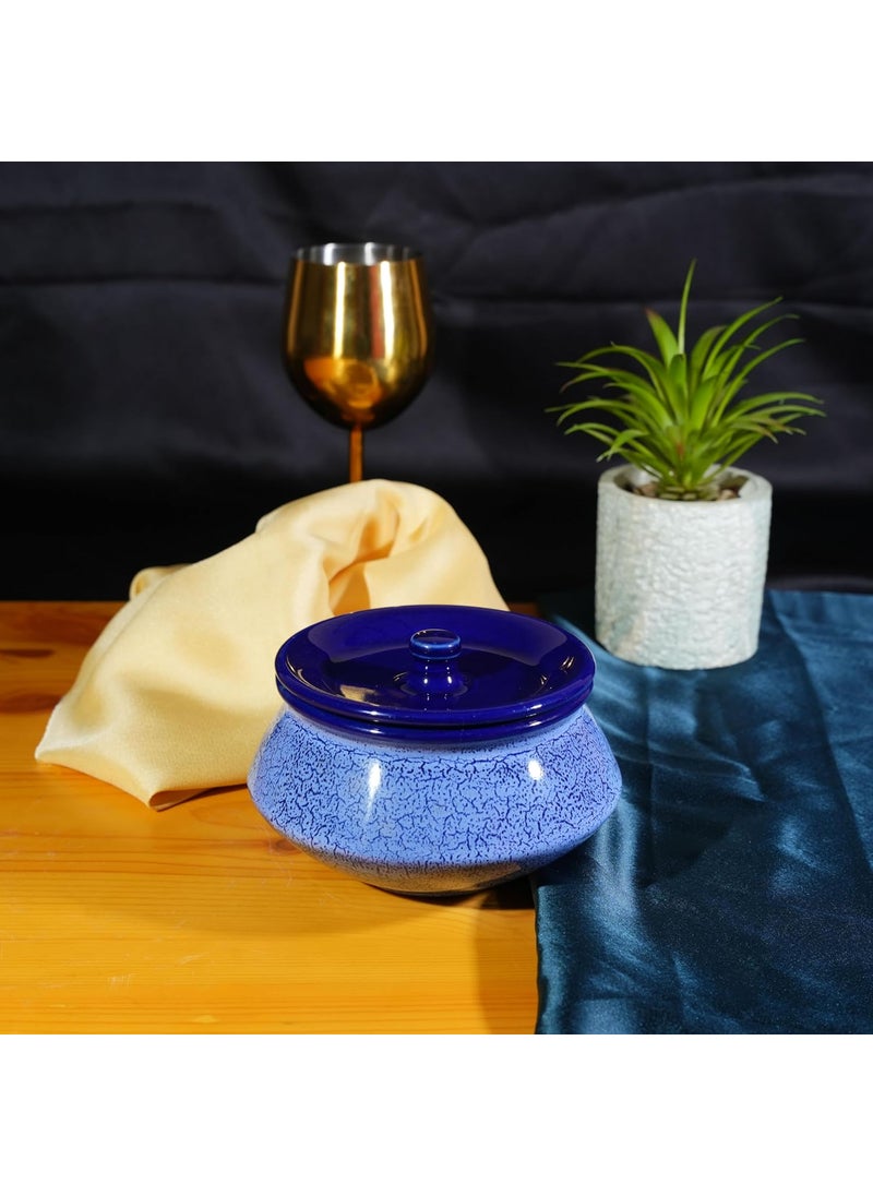 Caffeine Ceramic Handmade Blue Crackle Serving Handi with Lid (Set of 1)