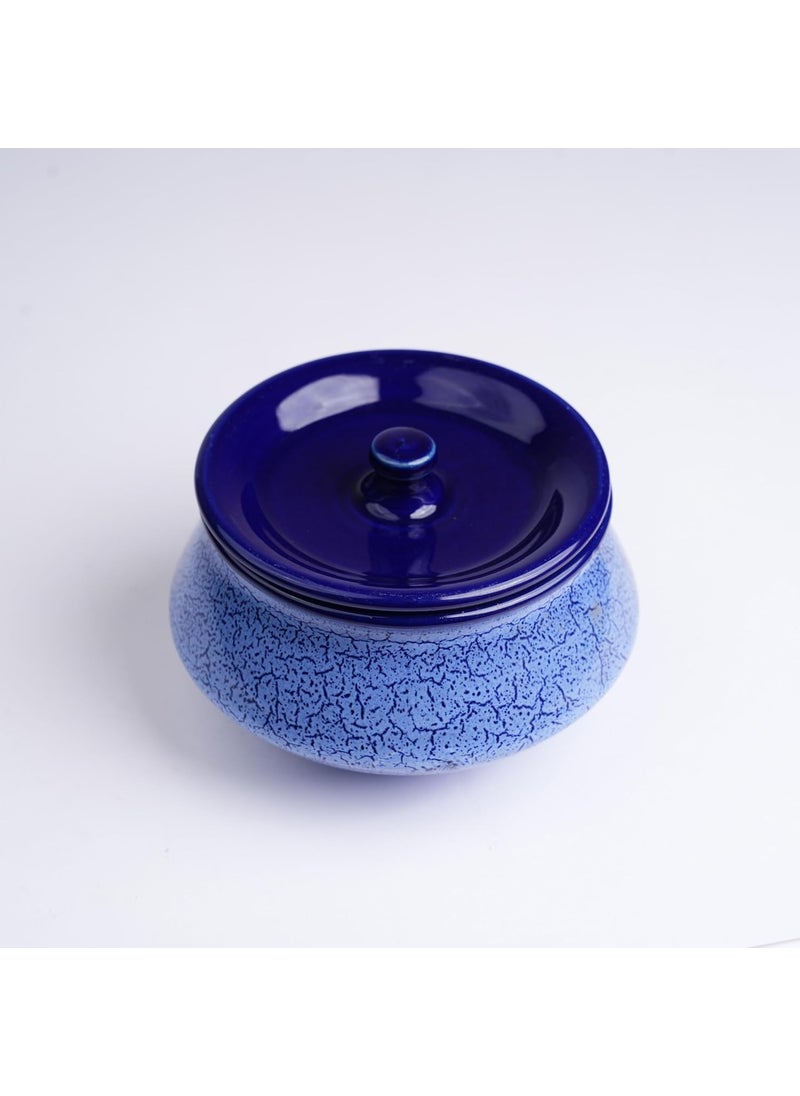 Caffeine Ceramic Handmade Blue Crackle Serving Handi with Lid (Set of 1)