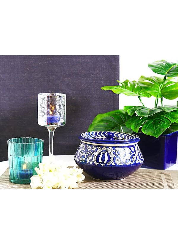 Caffeine Ceramic Handmade Blue Mughal Serving Handi with Lid (Set of 1)