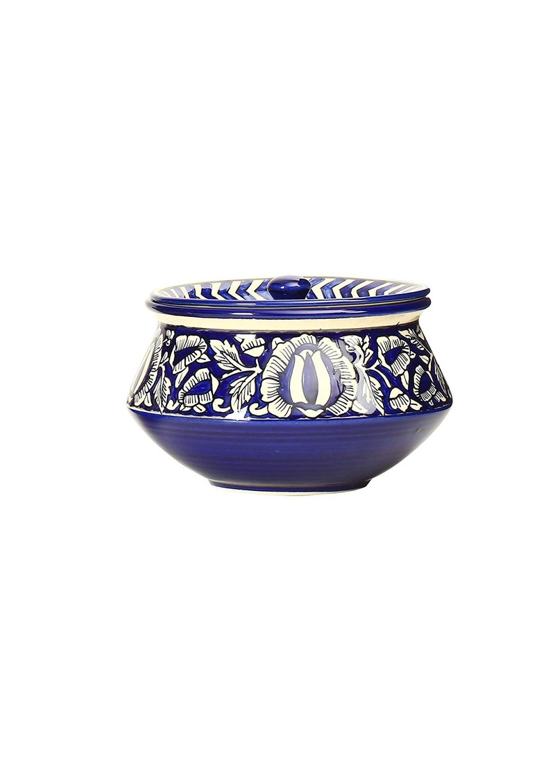 Caffeine Ceramic Handmade Blue Mughal Serving Handi with Lid (Set of 1)