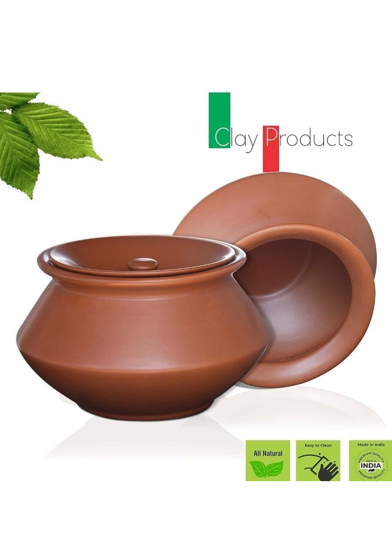 Handi for Cooking and Serving with Lid Serving Bowl Wooden Spatula Combo Clay Pot Terracotta Handmade Mud Mitti Ke Bartan Pot Uncoated Pottery Storage Earthen India 5Litre Lightweight & Durable