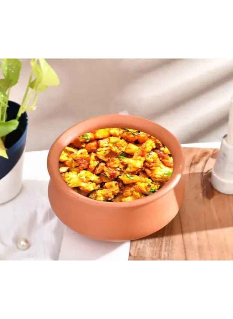 Handi for Cooking and Serving with Lid Serving Bowl Wooden Spatula Combo Clay Pot Terracotta Handmade Mud Mitti Ke Bartan Pot Uncoated Pottery Storage Earthen India 5Litre Lightweight & Durable