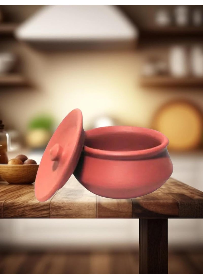 Handi for Cooking and Serving with Lid Serving Bowl Wooden Spatula Combo Clay Pot Terracotta Handmade Mud Mitti Ke Bartan Pot Uncoated Pottery Storage Earthen India 5Litre Lightweight & Durable