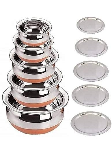 HS Enterprise Stainless Steel Copper Base Serving Bowls Handi Set of 5 Pieces, Handi Set with Serving Bowl Set/Cookware Set/Sauce Pot and handis (250ml, 500ml, 1000ml, 1500ml, 2000ml)