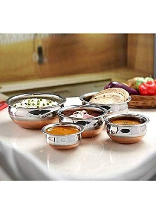 HS Enterprise Stainless Steel Copper Base Serving Bowls Handi Set of 5 Pieces, Handi Set with Serving Bowl Set/Cookware Set/Sauce Pot and handis (250ml, 500ml, 1000ml, 1500ml, 2000ml)