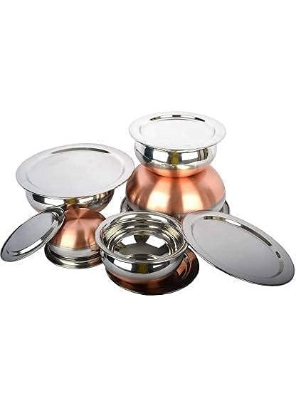 HS Enterprise Stainless Steel Copper Bottom Flat Induction Mirror Finish Design, Stainless Steel Copper Bottom Prabhu Chetty/Handi/Pot with Lid (Silver) -Set of 5 Pcs Handies with SS Lid 5