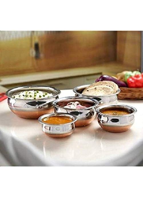 HS Enterprise Stainless Steel Copper Bottom Flat Induction Mirror Finish Design, Stainless Steel Copper Bottom Prabhu Chetty/Handi/Pot with Lid (Silver) -Set of 5 Pcs Handies with SS Lid 5