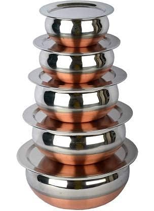 HS Enterprise Stainless Steel Copper Bottom Flat Induction Mirror Finish Design, Stainless Steel Copper Bottom Prabhu Chetty/Handi/Pot with Lid (Silver) -Set of 5 Pcs Handies with SS Lid 5