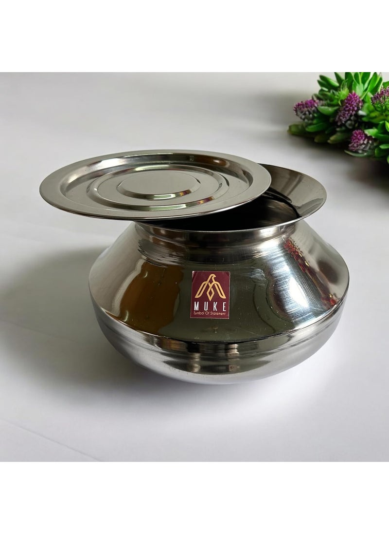 Muke Small Stainless Steel Handi degchi with Lid (Pongal Handi, 1000 ML, Dishwasher Safe) Handi 1 L with Lid