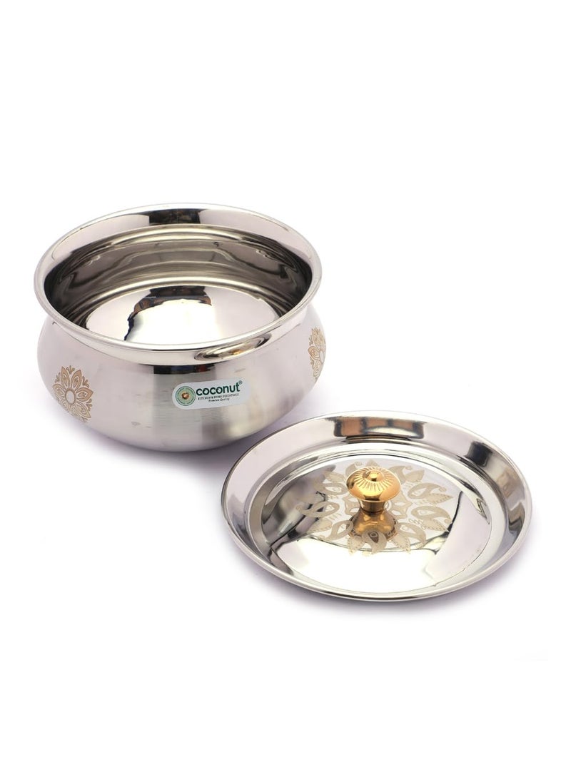 coconut Stainless Steel Cook-n-Serve Laser Design Handi with SS Lid - Set of 2 (1300 ML Each)