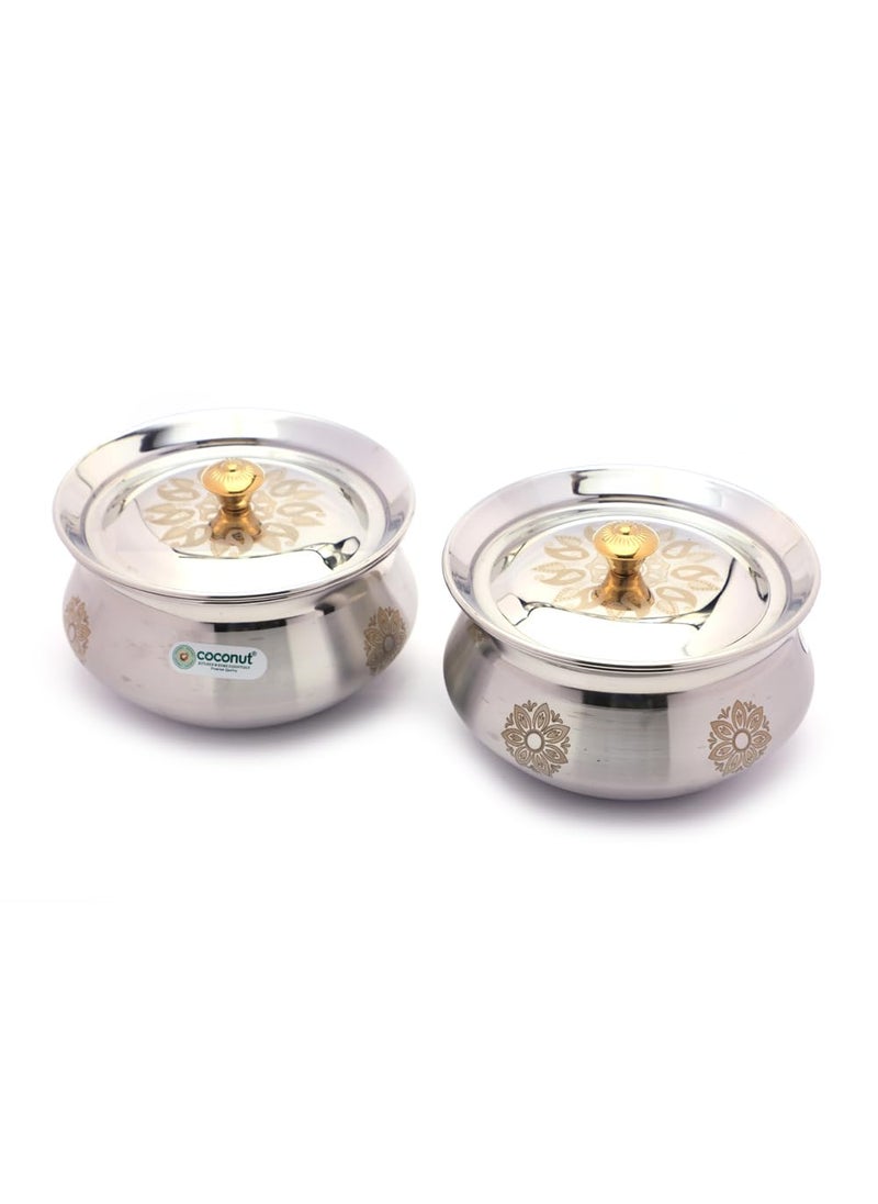 coconut Stainless Steel Cook-n-Serve Laser Design Handi with SS Lid - Set of 2 (1300 ML Each)