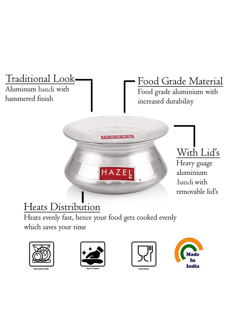 HAZEL Aluminium Handi with Lid Machine Hammered Finish Biryani Rice Cooking Pot Dhari Patiya Patila Tope Vessel, 23 cm, 2100 ML